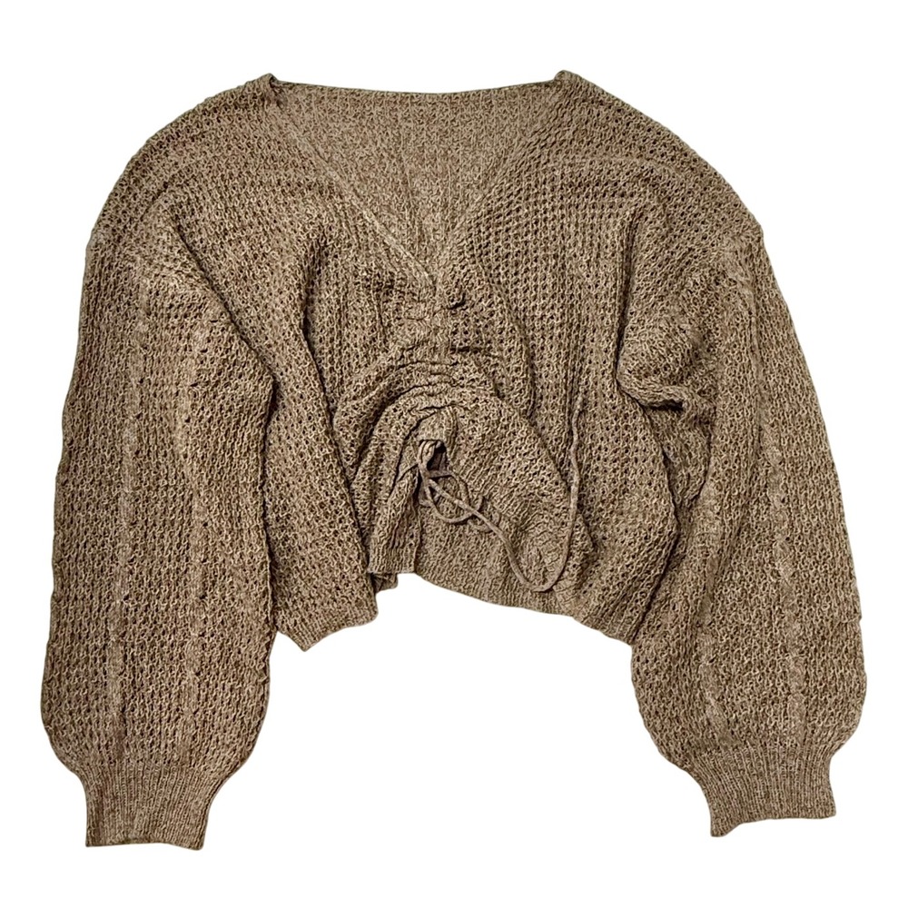 SHEIN CURVE Plus Size 2XL Knit‎ Cropped Sweater Brown Lace Up V Neck Long Sleeve